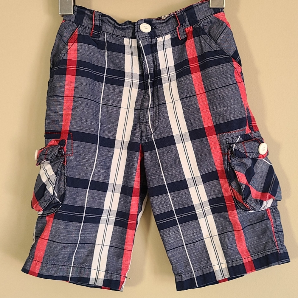 Navy, red and white plaid shorts